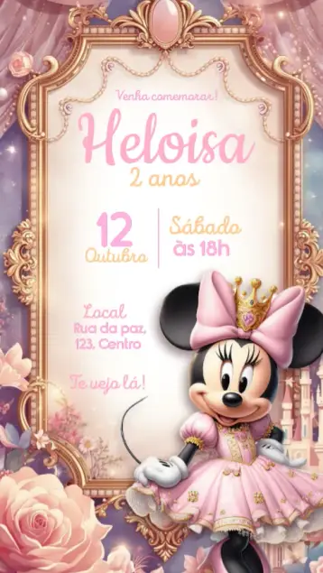 Convite Minnie Mouse rosa editável e personalizável