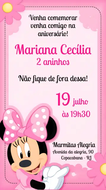 Convite Minnie Mouse Rosa editável e personalizável
