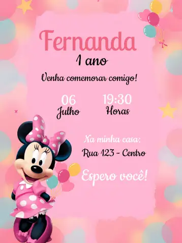 Convite Minnie Mouse Rosa Vermelha para cumpleaños infantil de 1 año. – tema fechas conmemorativas (rojo, negro, de lunares, divertido, infantil, mágico)