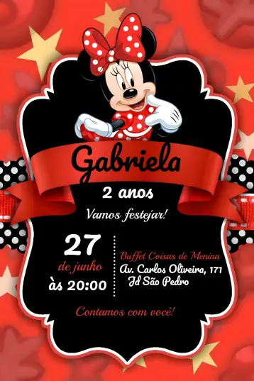 Convite Minnie Mouse Vermelha para aniversário infantil e festas temáticas. – tema mais pesquisados (vermelho, divertido, infantil, colorido, temático)