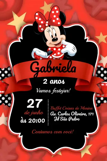 Convite Minnie Mouse Vermelha para aniversário infantil e festas temáticas. – tema mais pesquisados (vermelho, divertido, infantil, colorido, temático)