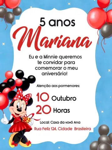 Convite Minnie Vermelha Frame para aniversário infantil com tema da minnie mouse. – tema mais pesquisados (vermelho, branco, preto, divertido, infantil, temático)