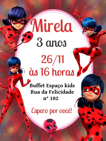 Convite Miraculous Ladybug Rosa editável e personalizável