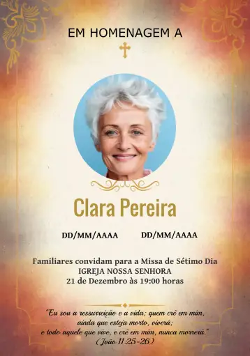 Convite Missa 7° Dia Com Foto Sétimo para missa de 7° dia em memória de um ente querido. – tema datas comemorativas (elegante, minimalista, sutil, branco e preto, clássico, confortante)