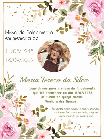 Convite Missa De Falecimento Com Foto Rosa para missa de falecimento em homenagem a um ente querido. – tema chá de panela (floral, romântico, delicado, elegante, minimalista)