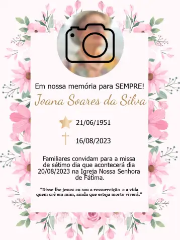 Convite Missa De Sétimo Dia Com Foto Falecimento para missa de sétimo dia para homenagear um ente querido. – tema datas comemorativas (dourado, branco, minimalista, elegante, clássico)