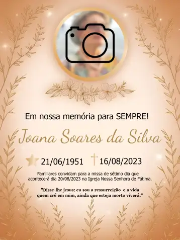 Convite Missa De Sétimo Dia Com Foto Falecimento para missa de sétimo dia para homenagear um ente querido. – tema datas comemorativas (dourado, branco, minimalista, elegante, clássico)