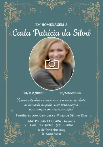 Convite Missa De Sétimo Dia Com Foto Luto para missa de sétimo dia em homenagem a um ente querido. – tema datas comemorativas (azul, branco, floral, minimalista, sereno, respeitoso)