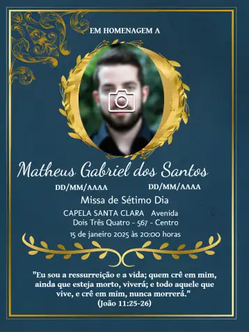 Convite Missa De Sétimo Dia Com Foto Preto. para missa de sétimo dia em homenagem a um ente querido. – tema datas comemorativas (preto e branco, minimalista, sóbrios, floral, elegante, moderno)