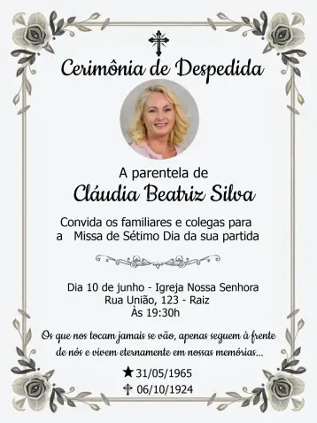 Convite Missa De Sétimo Dia Com Foto Religioso para missa de sétimo dia em homenagem a entes queridos. – tema datas comemorativas (floral, delicado, religioso, minimalista, sereno, suave)