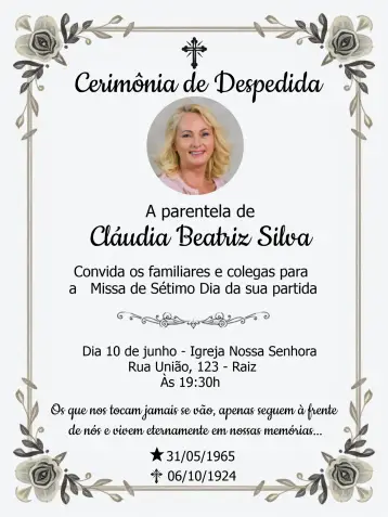 Convite Missa De Sétimo Dia Com Foto Religioso para missa de sétimo dia em homenagem a entes queridos. – tema datas comemorativas (floral, delicado, religioso, minimalista, sereno, suave)