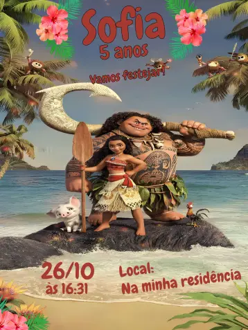 Convite Moana editável e personalizável