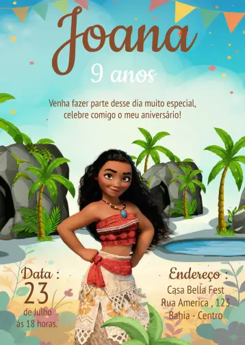 Convite Moana para aniversário infantil com tema moana. – tema aniversário infantil (tropical, colorido, marítimo, polinésio, divertido)