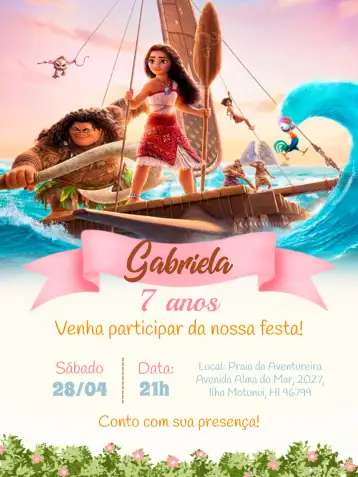 Convite Moana 2 Maui para aniversário infantil com tema moana. – tema mais pesquisados (floral, tropical, colorido, infantil, moderno, divertido)