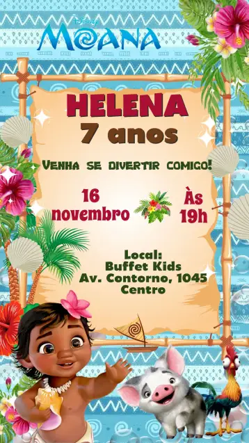 Convite Moana para children's birthday inspired by moana. – tema kids' birthday party (tropical, colorful, fun, maritime, adventure, childlike)
