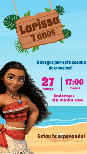 Convite Moana para aniversário infantil com tema moana. – tema mais pesquisados (tropical, aquarela, colorido, aventura, marinho, lúdico)