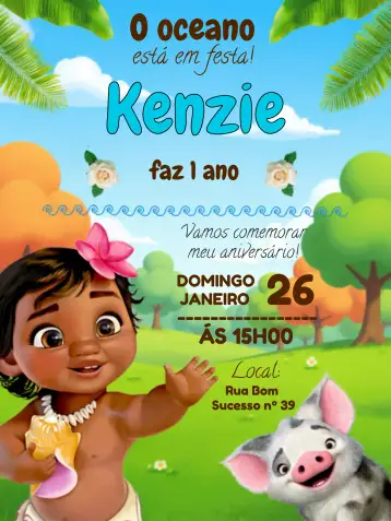 Convite Moana Baby para cumpleaños infantil con temática moana. – tema más buscados (colorido, tropical, divertido, infantil, aqua, fantasia)