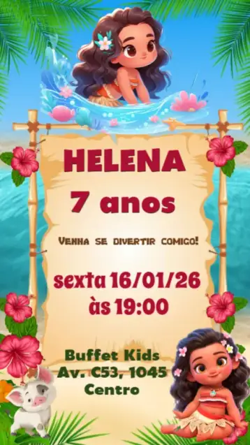Convite Moana Baby para aniversário infantil com tema moana. – tema aniversário infantil (tropical, colorido, divertido, marítimo, aventura, fofo)