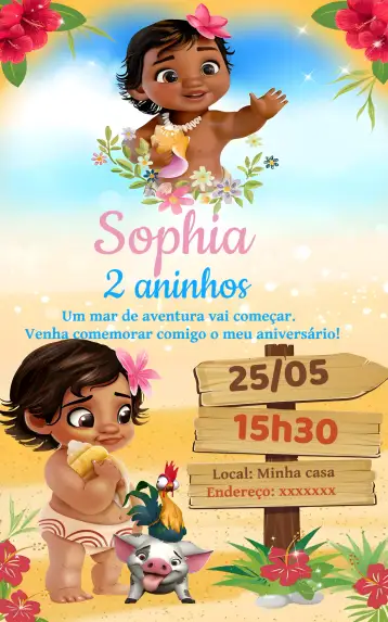 Convite Moana Baby Aquarela para aniversário infantil com tema moana. – tema mais pesquisados (aquarela, marinho, colorido, tropical, infantil, divertido)