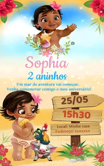 Convite Moana Baby Aquarela editável e personalizável