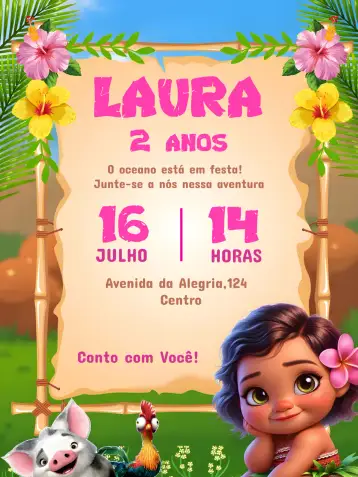 Convite Moana Baby Menina para aniversário infantil com tema da moana. – tema mais pesquisados (tropical, colorido, divertido, lúdico, inspirado na Disney)