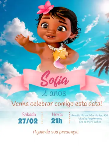 Convite Moana Baby Menina editável e personalizável