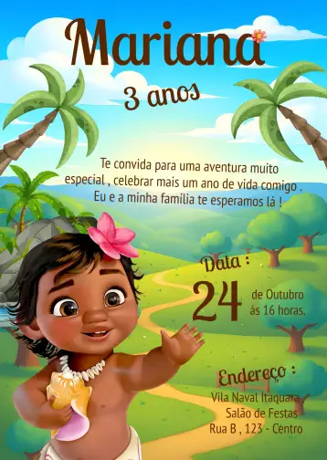 Convite Moana Baby Motonu para cumpleaños infantil con temática moana. – tema más buscados (colorido, tropical, fantasía, marino, Disney, aventura)
