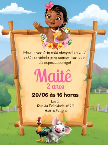 Convite Moana Baby Praia para aniversário infantil com tema moana na praia. – tema mais pesquisados (tropical, mar, hibiscos, cores suaves, estilo divertido, elementos gráficos lúdicos)