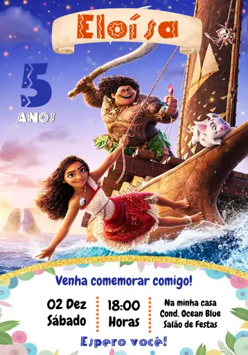 Convite Moana Colorido para aniversário infantil com tema moana – tema mais pesquisados (colorido, temático, marinho, tropical, aventura, infantil)