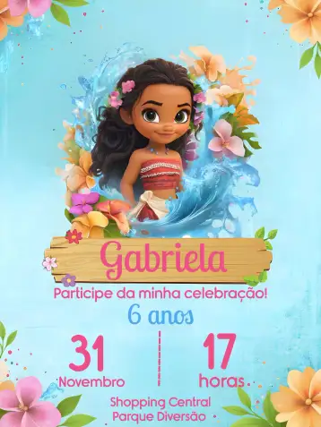 Convite Moana Fiesta para fiesta temática infantil inspirada en moana. – tema más buscados (tropical, aqua, colorido, aventura, infantil, marinho)