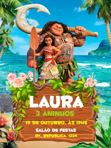 Convite Moana Mar para aniversário infantil ou festa temática. – tema mais pesquisados (tropical, colorido, praia, aventura, infantil, divertido)