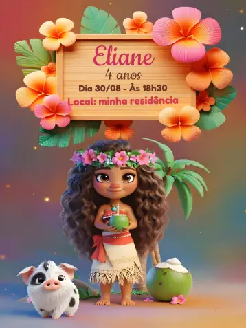 Convite Moana Maui editável e personalizável