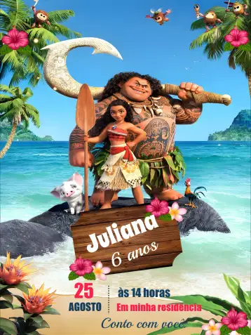 Convite Moana Maui para aniversário infantil com tema moana. – tema mais pesquisados (colorido, tropical, aquarela, marinho, aventura, fantasia)
