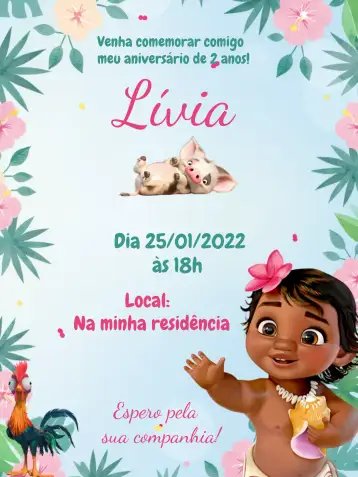 Convite Moana Pig para cumpleaños infantil con tema moana. – tema más buscados (colorido, floral, divertido, tropical, temático, infantil)
