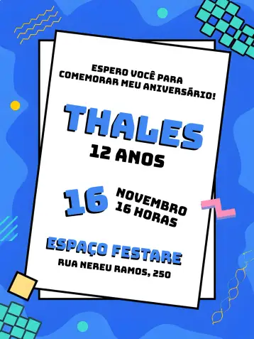 Convite Moderno Azul para cumpleaños adulto con estilo moderno. – tema cumpleaños (moderno, geométrico, azul, blanco, elegante)