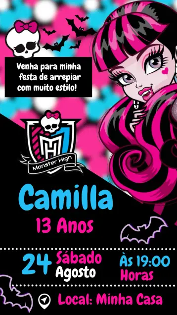 Convite Monster High Boneca editável e personalizável