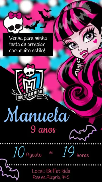 Convite Monster High Preto editável e personalizável