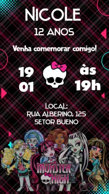 Convite Monster Hight para aniversário infantil com tema monster hight. – tema aniversário (colorido, divertido, temático, gótico, moderno, fantasia)
