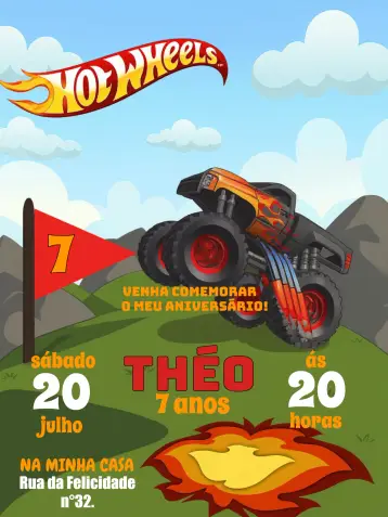 Convite Monster Truck Hot Wheels Fogo editável e personalizável