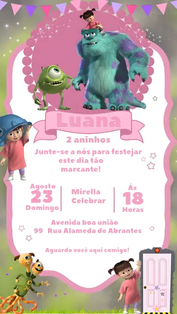 Invitación Monsters Inc. Boo editable y personalizable