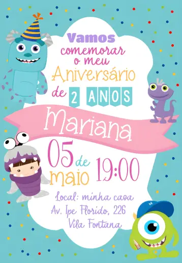 Convite Monstros S.a Boo Pixar editável e personalizável