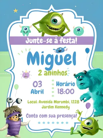 Invitación Monstruos S.A. Infantil editable y personalizable