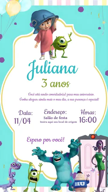 Convite Monsters Inc. para children's birthday with monsters theme. – tema most searched for (colorful, fun, themed, childlike, monster illustrations)