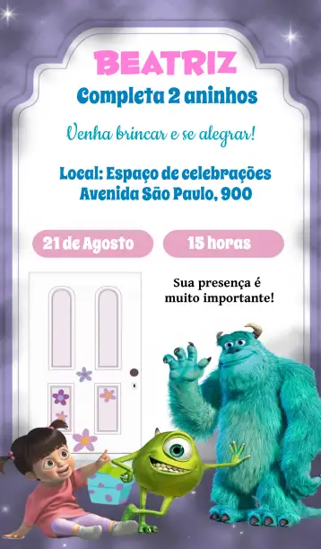 Convite Monstruos S.A. Boo Rosa para cumpleaños infantiles y fiestas temáticas. – tema más buscados (colorido, divertido, temático, infantil, moderno)