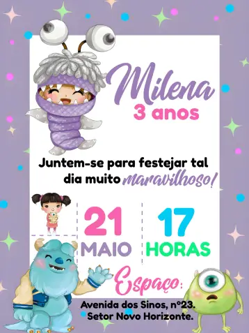 Invitación Monstruos Sa Boo Morado editable y personalizable