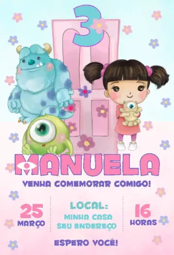 Convite Monstros Sa menina aquarela para aniversário infantil – tema aniversário infantil (aquarela, lilás, rosa, divertido, infantil, lúdico)