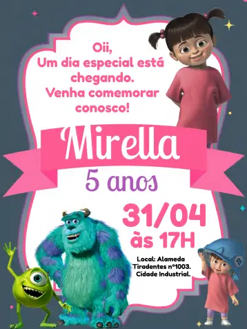 Convite Monstros Sa Wazowski para aniversário infantil – tema mais pesquisados (colorido, divertido, infantil, temático, moderno)