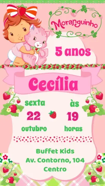 Convite Moranguinho Baby para aniversário infantil – tema aniversário infantil (cores suaves, estilo lúdico, elementos gráficos de frutas, design divertido, inspirado na natureza)