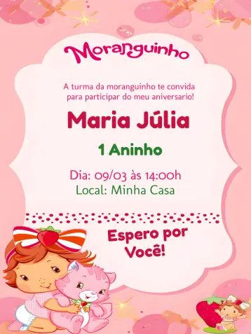 Convite Moranguinho Baby Rosa editável e personalizável