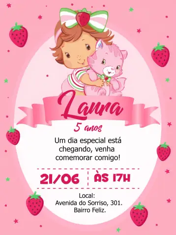 Convite Moranguinho Cute Baby Rosa Pink para aniversário infantil – tema mais pesquisados (cores pastel, estilo lúdico, elementos gráficos de morangos, design delicado, atmosfera infantil, toques florais)